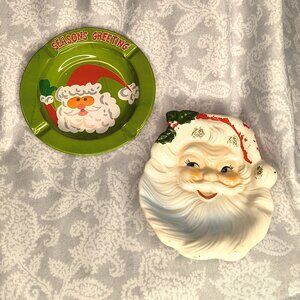 Lot of 2 vintage Santa Claus Christmas spoon rest/ashtrays 1 porcelain & 1 metal